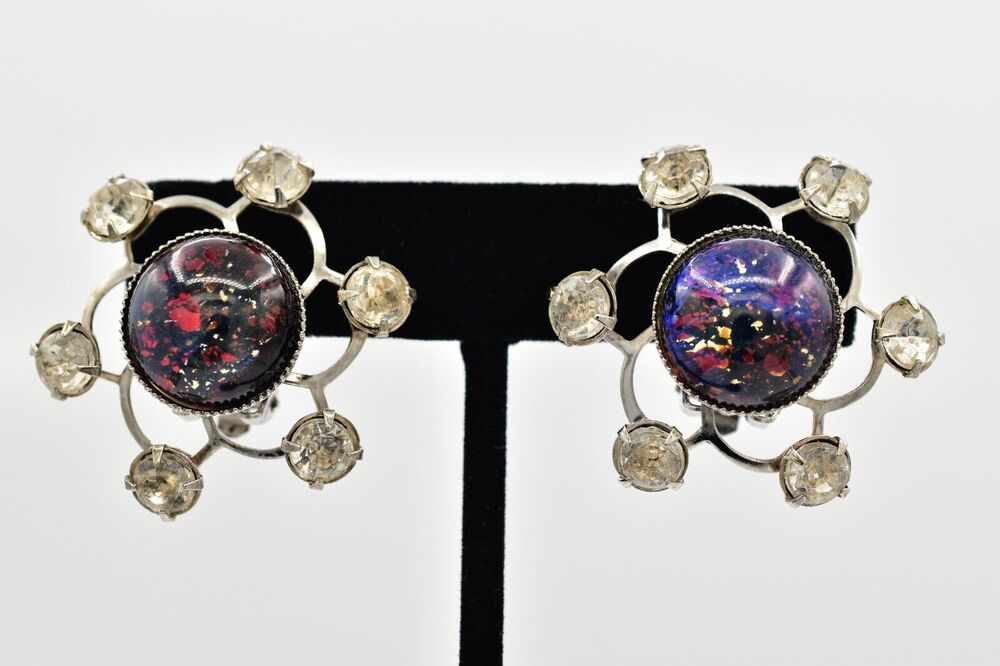 Vintage Blue Opal Cabochon Flower Clip On Earrings Starburst Chunky 1980s BinA23
